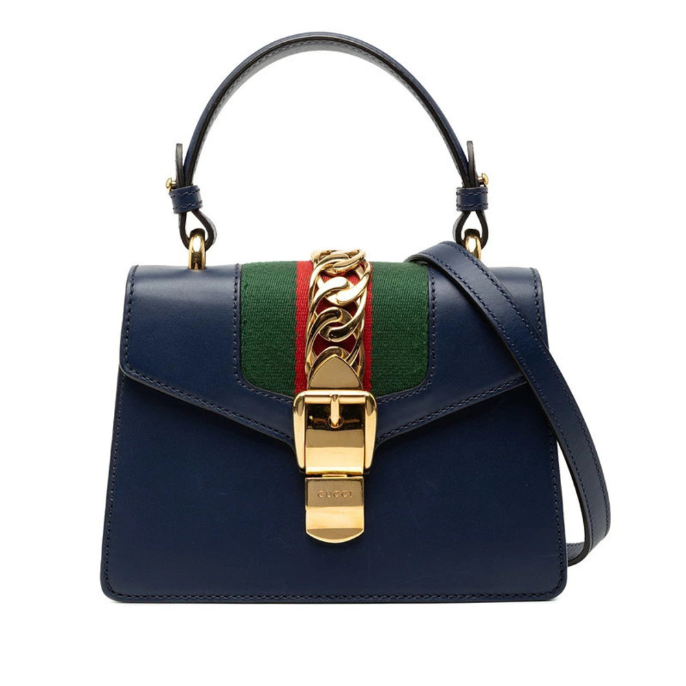 Gucci Sherry Sylvie 2way Shoulder Bag Navy Blue Leather